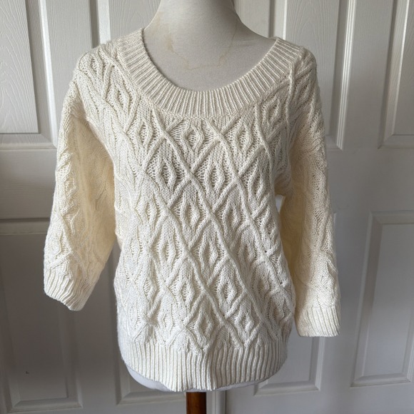 A.N.A. A New Approach Sweaters - Cream Cable Pointelle Open Knit Sweater Womens M 3/4 Sleeve Scoop Neck a.n.a